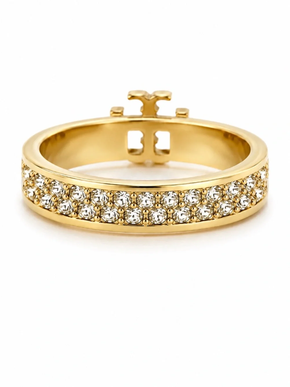 TORY BURCH • Gold Double T Crystal Logo Ring Includes Tory Burch Jewelry Bag